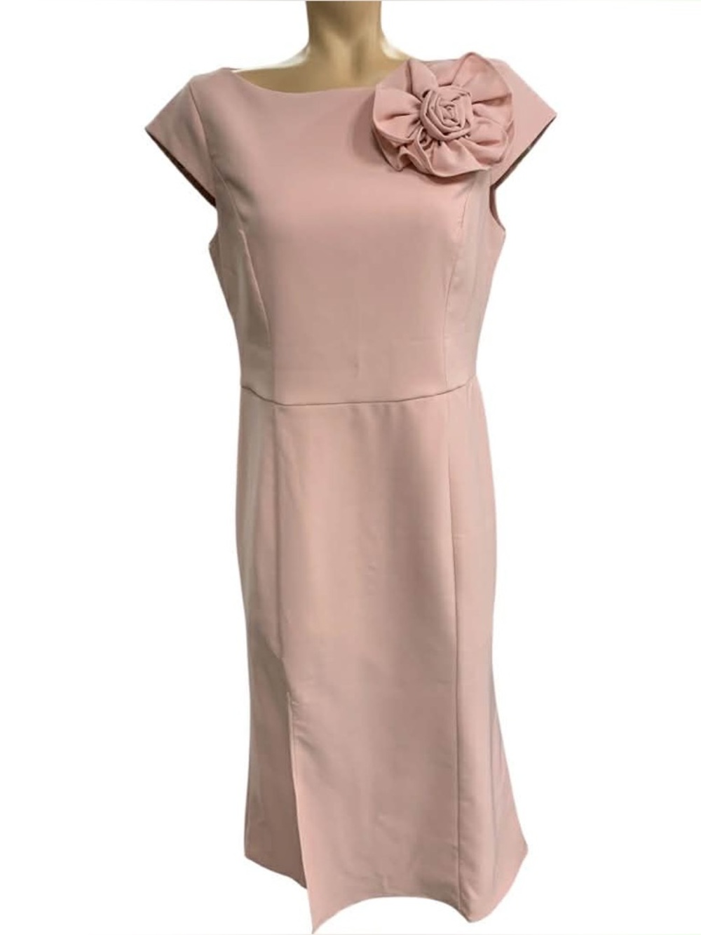MOTF Blush Pink Midi Sheath Dress with Rosette Shoulder Size L